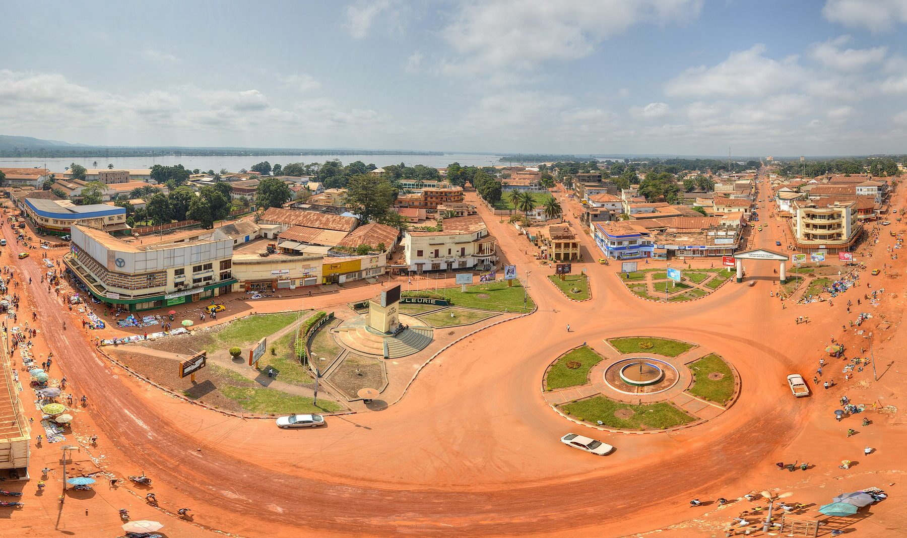Aerial view of the centre of Bangui, capital of the Central African Republic, with a roundabout and the Oubangui river
