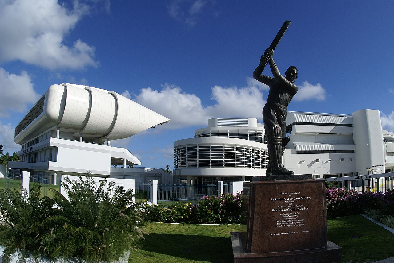 Bronze statue of a batsman in mid-stroke outside the Kensington Oval cricket ground in Bridgetown
