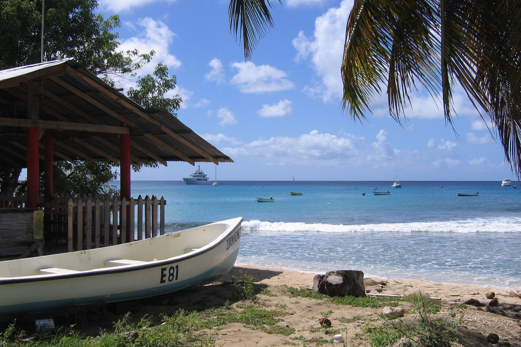 A fishing boat on a beach on the west coast of Barbados