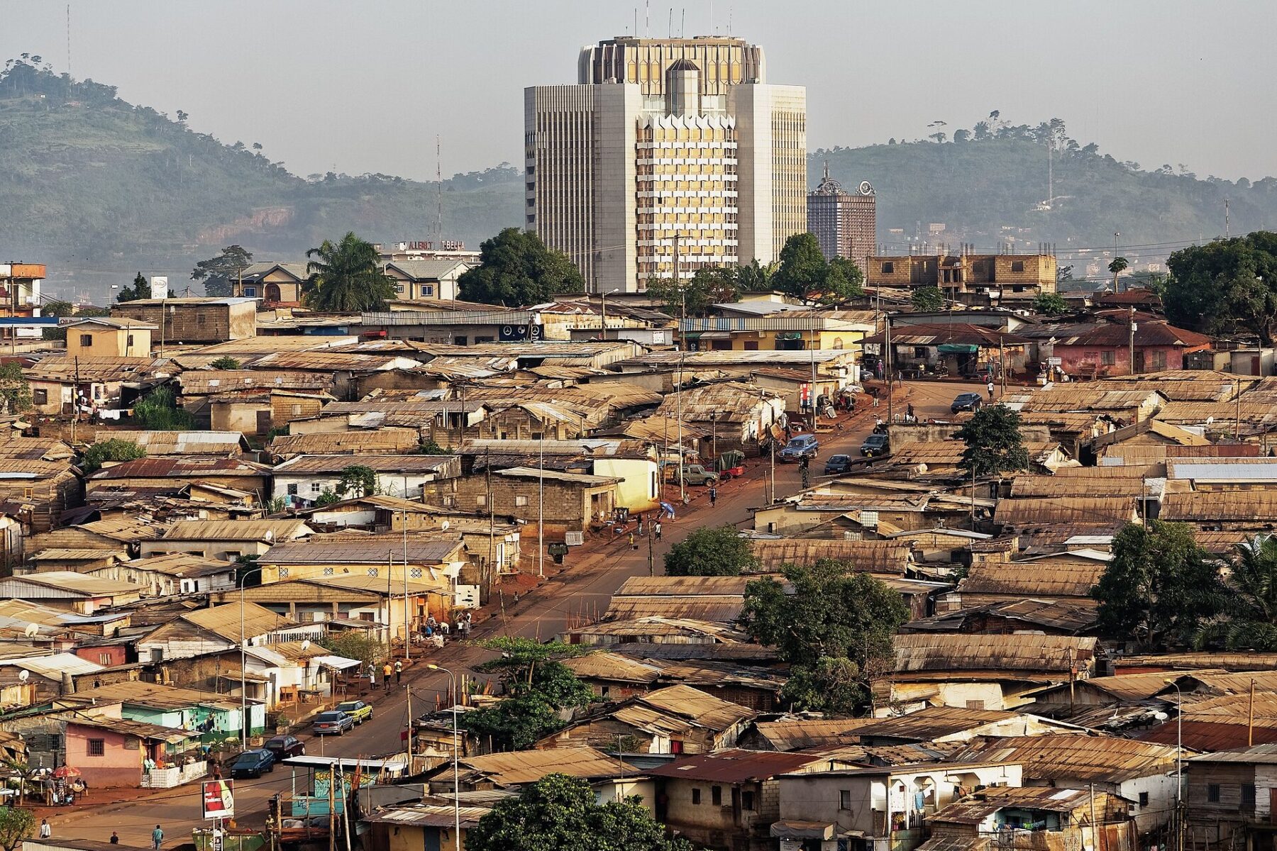 The Bank of Central African States headquarters tower above a district of Yaoundé, Cameroon