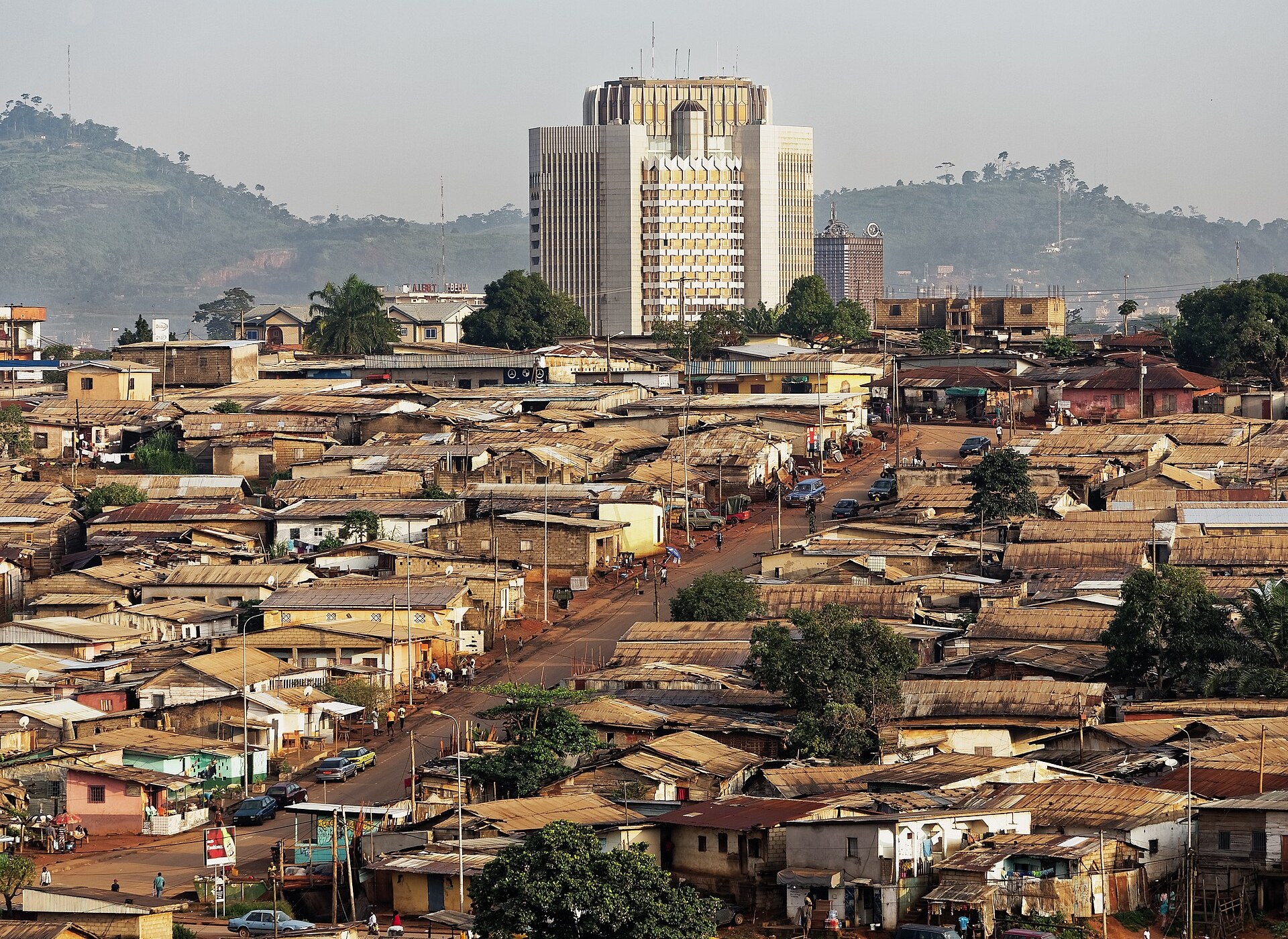 The Bank of Central African States headquarters tower above a district of Yaoundé, Cameroon