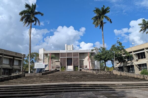 Exterior of the National Assembly building in Belmopan, Belize, with a wide flight of steps, tall palms and a blue sky.