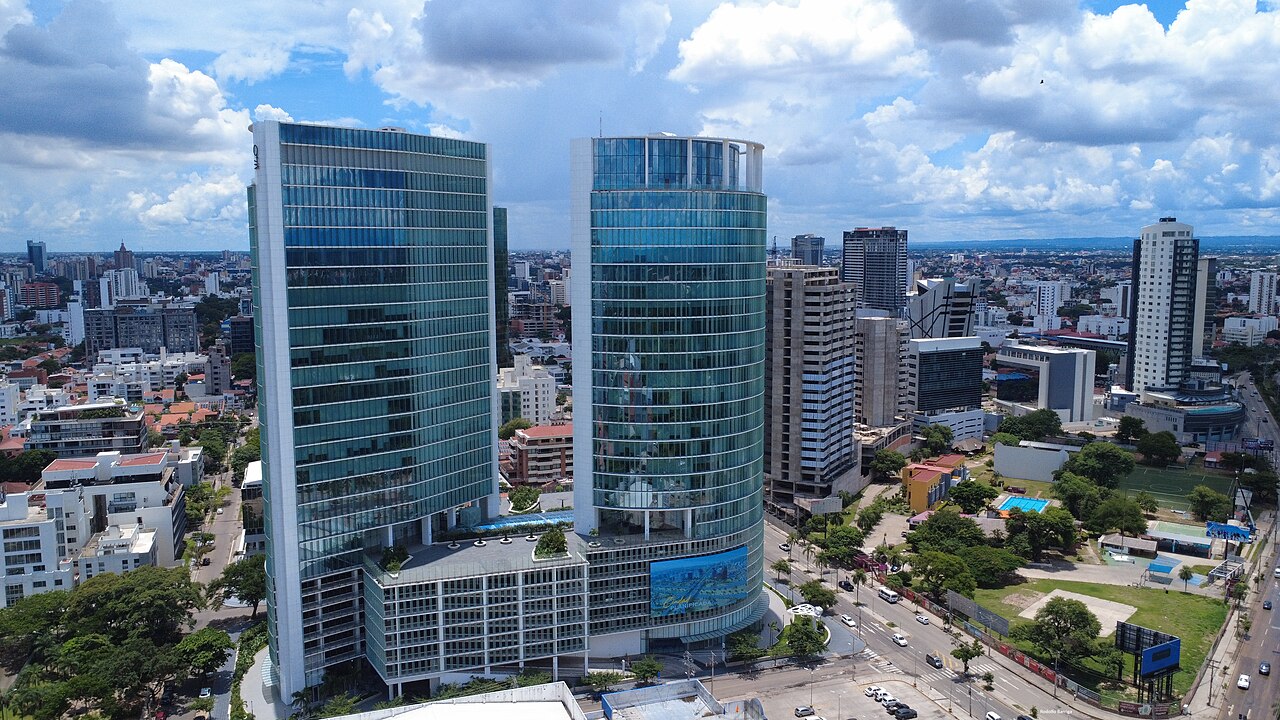 Glass office towers and surrounding streets in the Equipetrol district of Santa Cruz de la Sierra, Bolivia