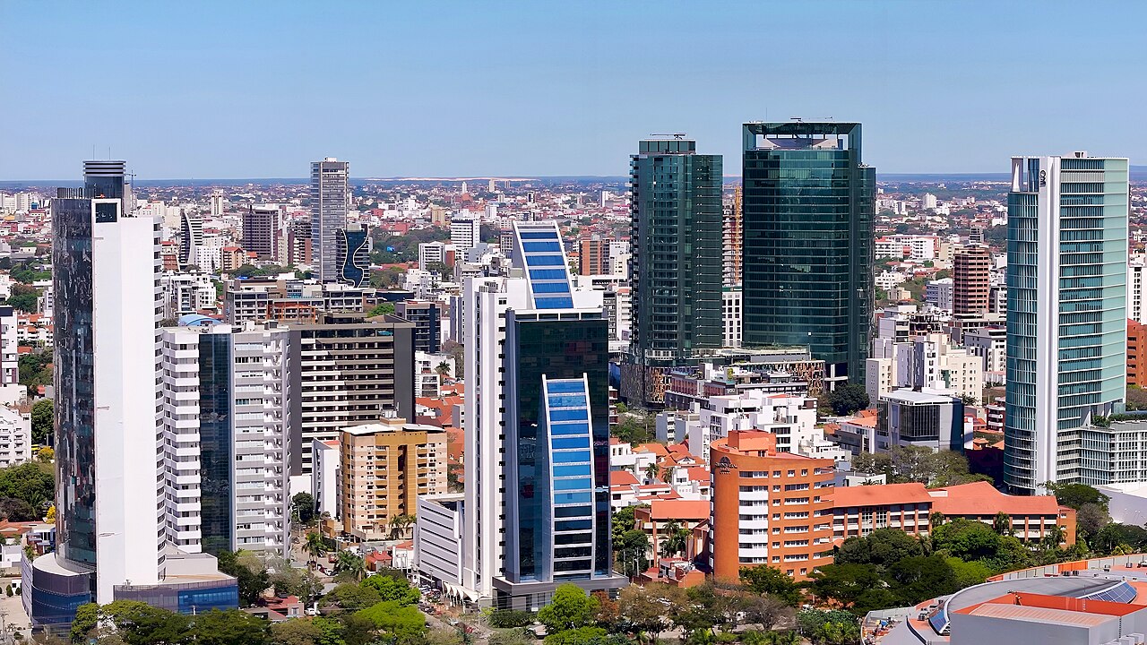Office and apartment towers in the city centre of Santa Cruz de la Sierra, Bolivia, under a clear blue sky
