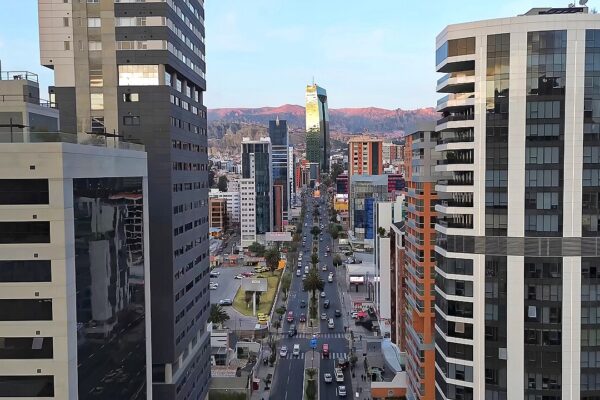 Bolivia economy: office and residential towers along an avenue in La Paz
