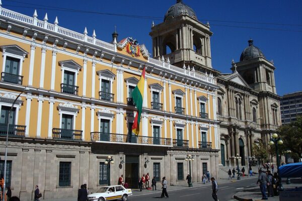 Bolivia geopolitics: the Palacio Quemado government palace and the cathedral on Plaza Murillo, La Paz