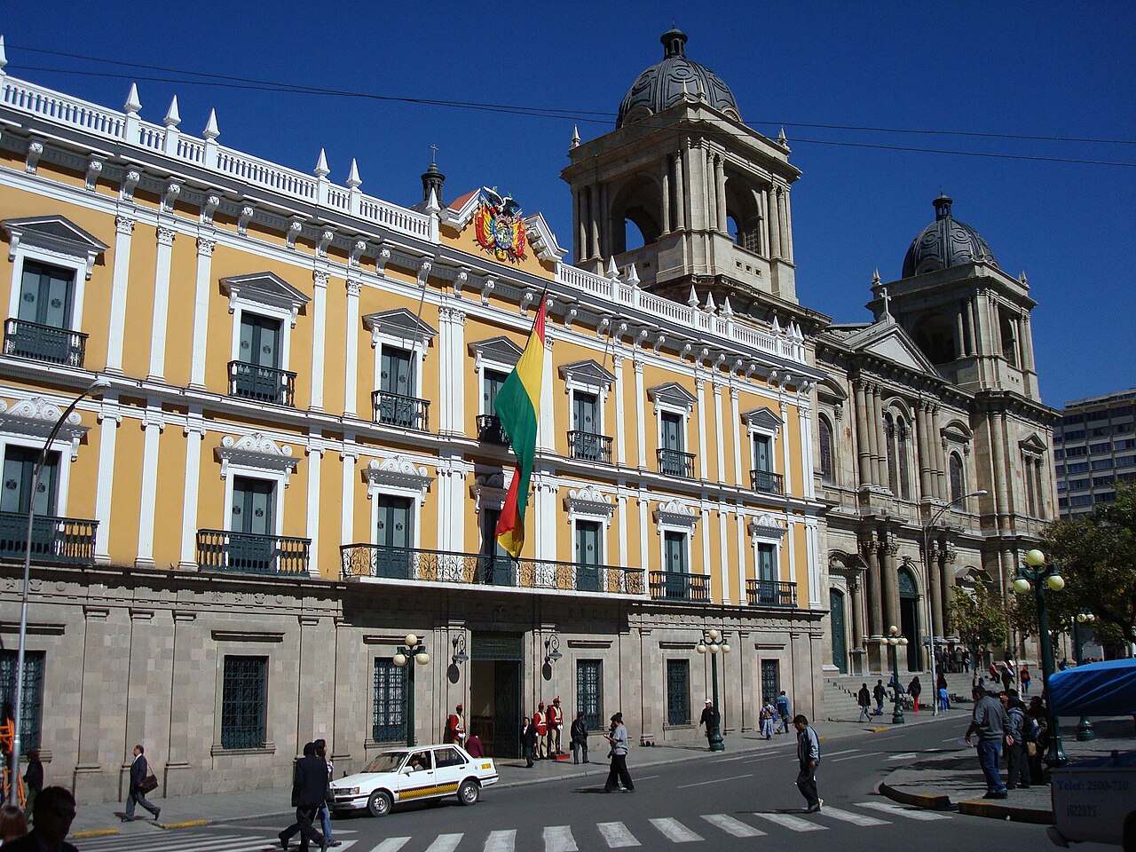 Bolivia geopolitics: the Palacio Quemado government palace and the cathedral on Plaza Murillo, La Paz