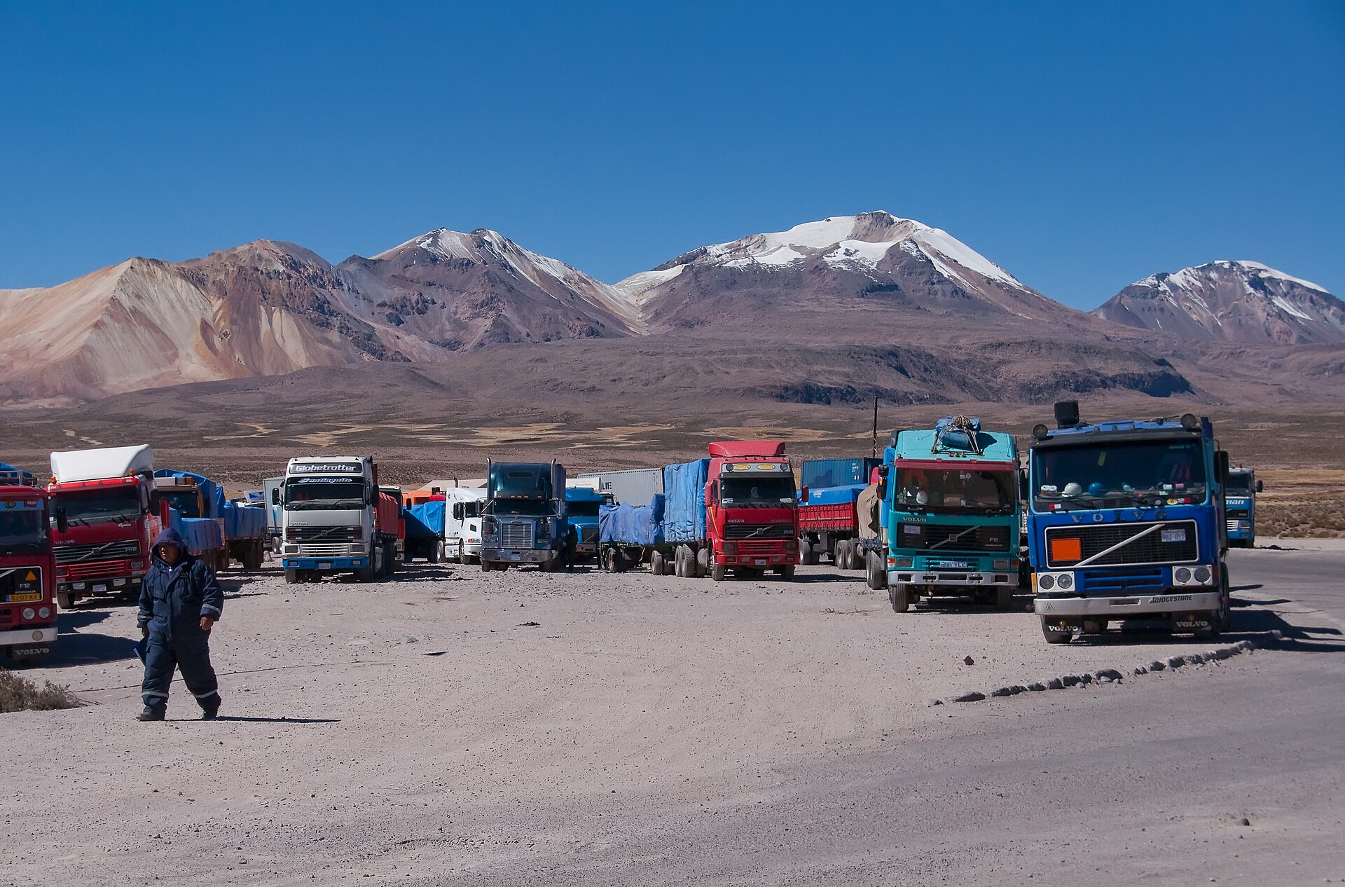 Bolivia geopolitics and trade: lorries at the Chungará-Tambo Quemado border crossing between Chile and Bolivia