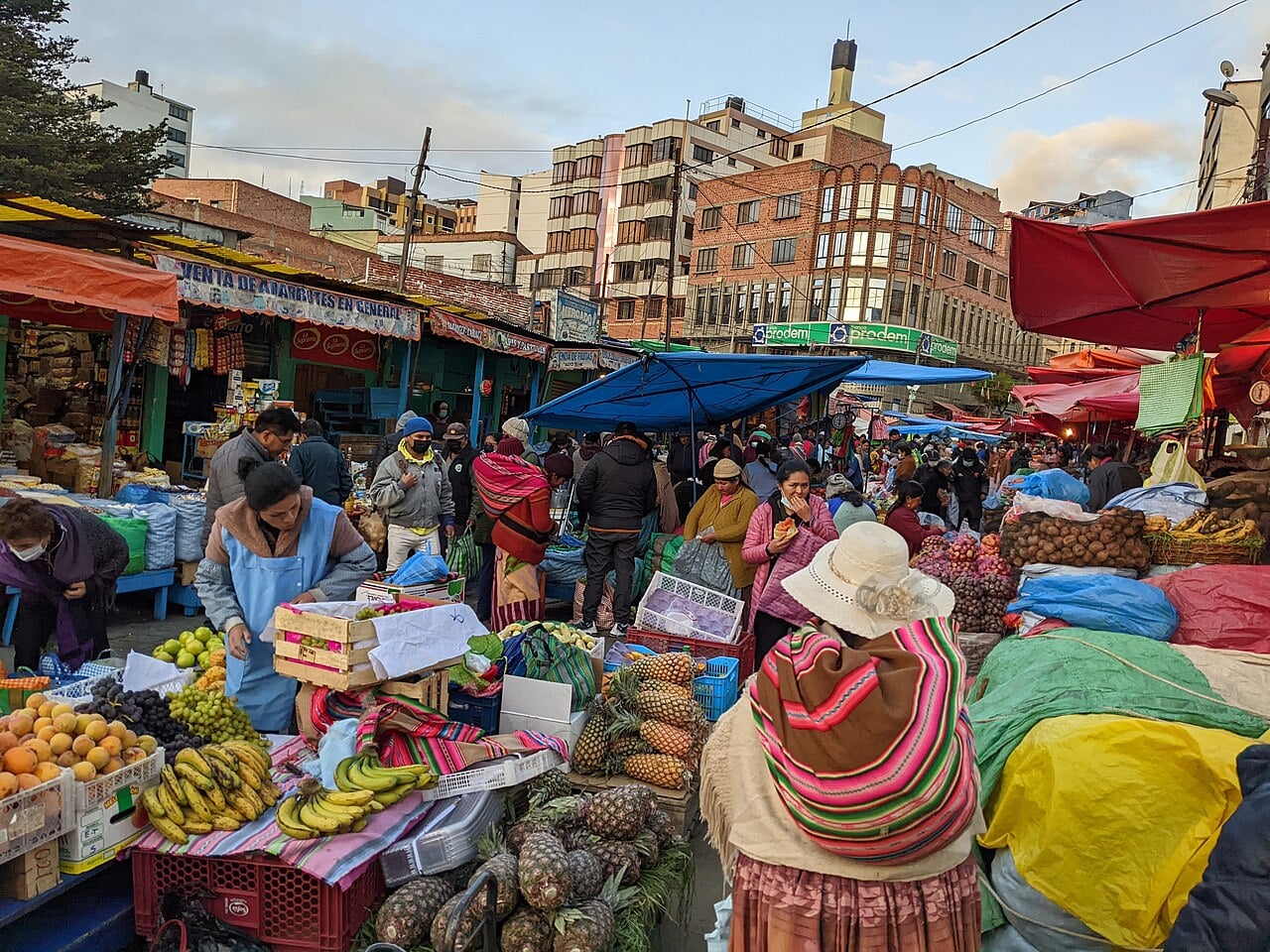 Shoppers and vendors in hats and shawls at a crowded street market with pineapples, bananas and peaches under blue and red awnings