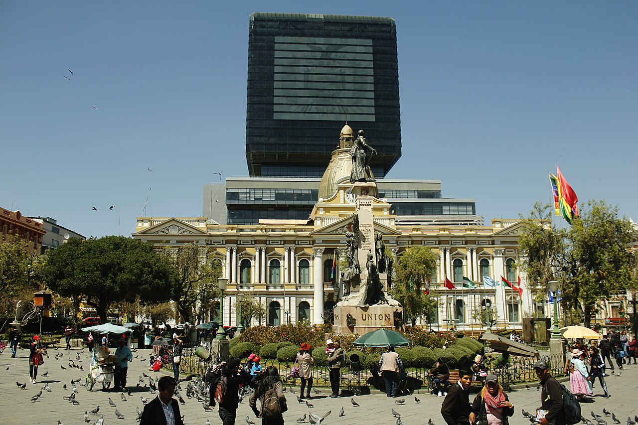 The Legislative Palace on Plaza Murillo in La Paz, Bolivia, with the tower of the new Legislative Assembly building behind it