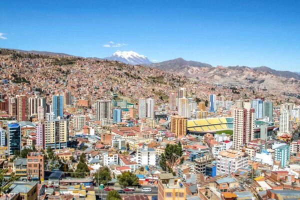 La Paz, Bolivia, with snow-capped Illimani mountain rising behind the dense city