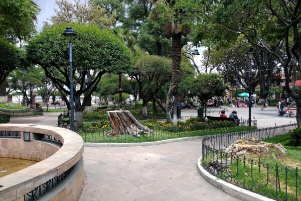 Footpaths, flower beds and trees in Plaza 25 de Mayo, Sucre, Bolivia