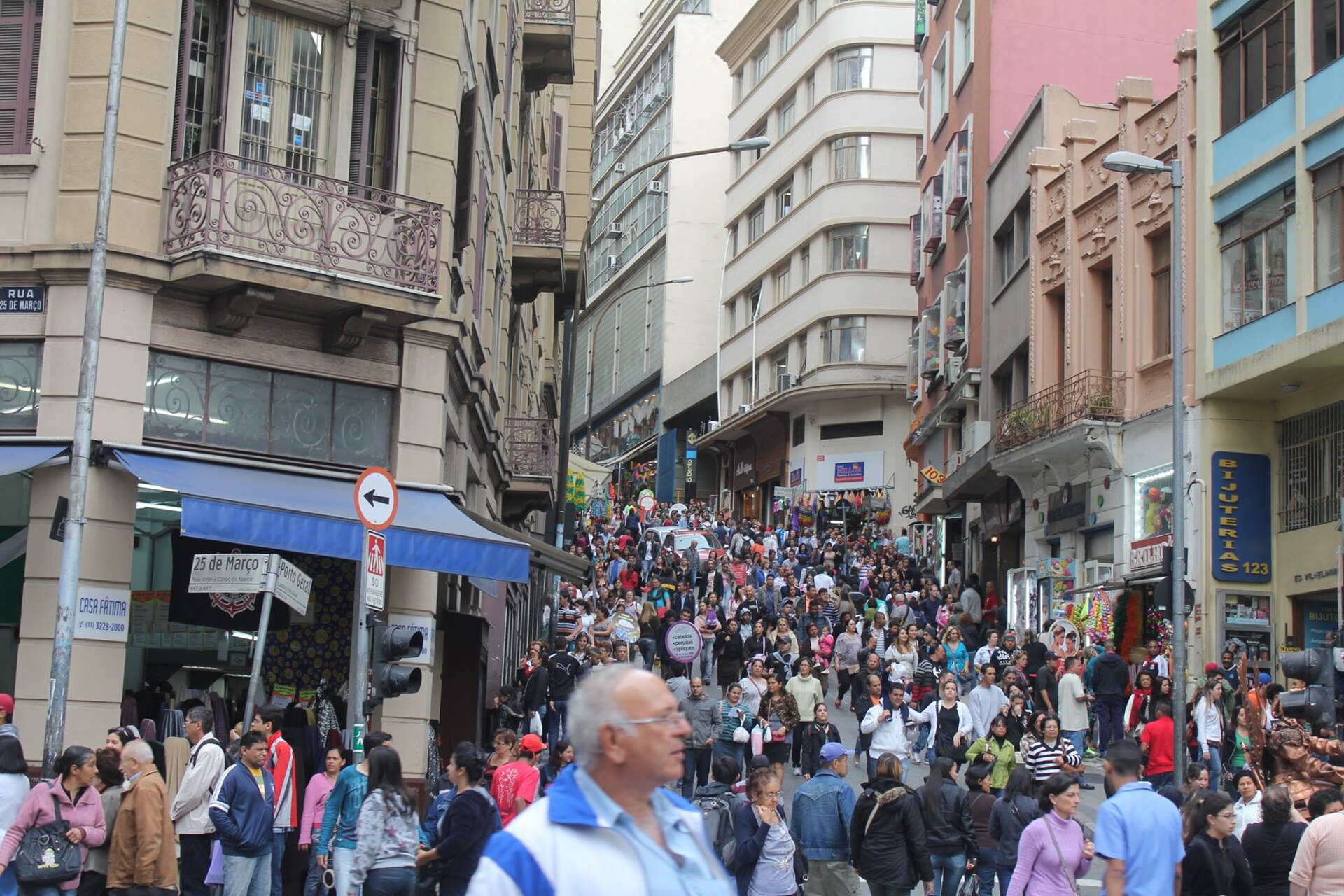 Crowds of shoppers on Rua 25 de Março, a busy retail street in central São Paulo