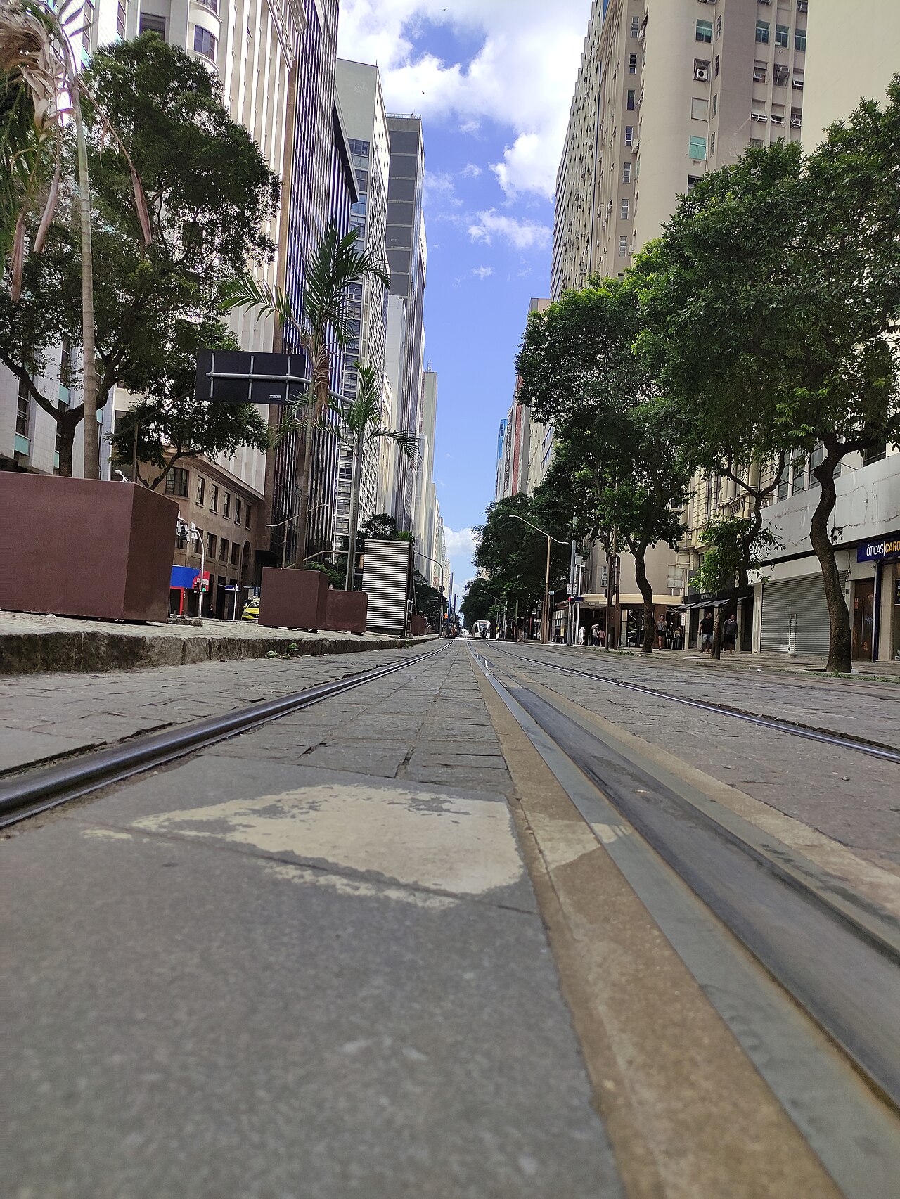 Street-level view of Avenida Rio Branco in Rio de Janeiro, with tram tracks, trees and office buildings stretching into the distance