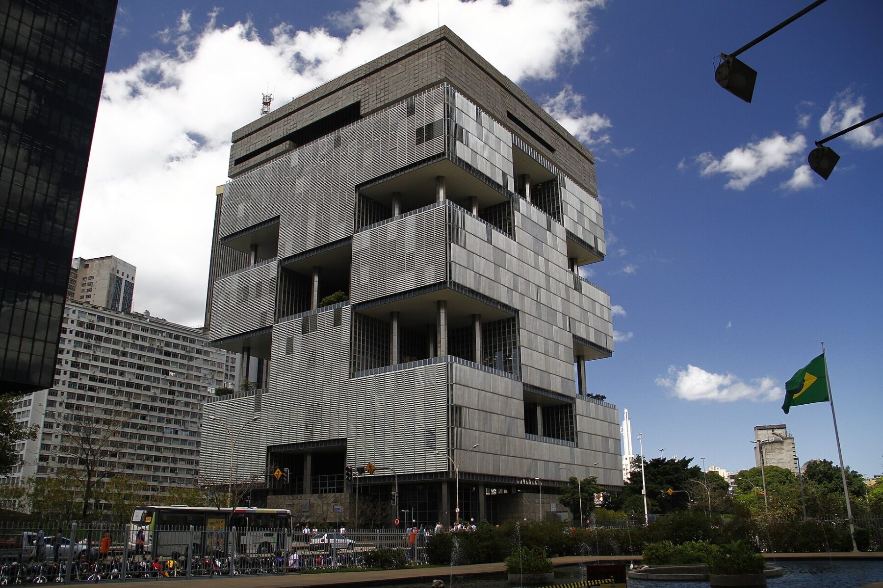 The Petrobras headquarters building in downtown Rio de Janeiro, Brazil, under a blue sky