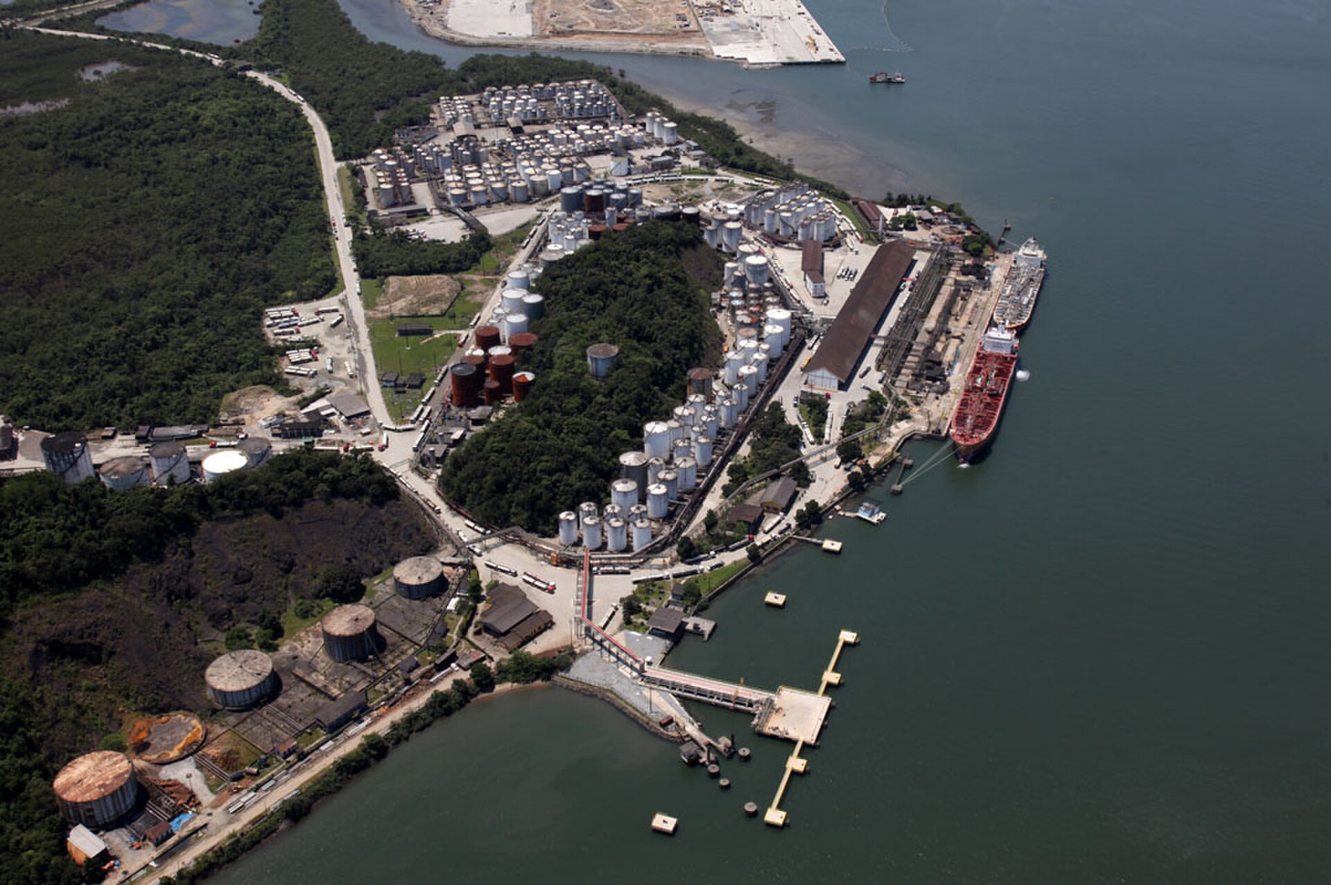 Tank terminals and ships at the Port of Santos, Brazil