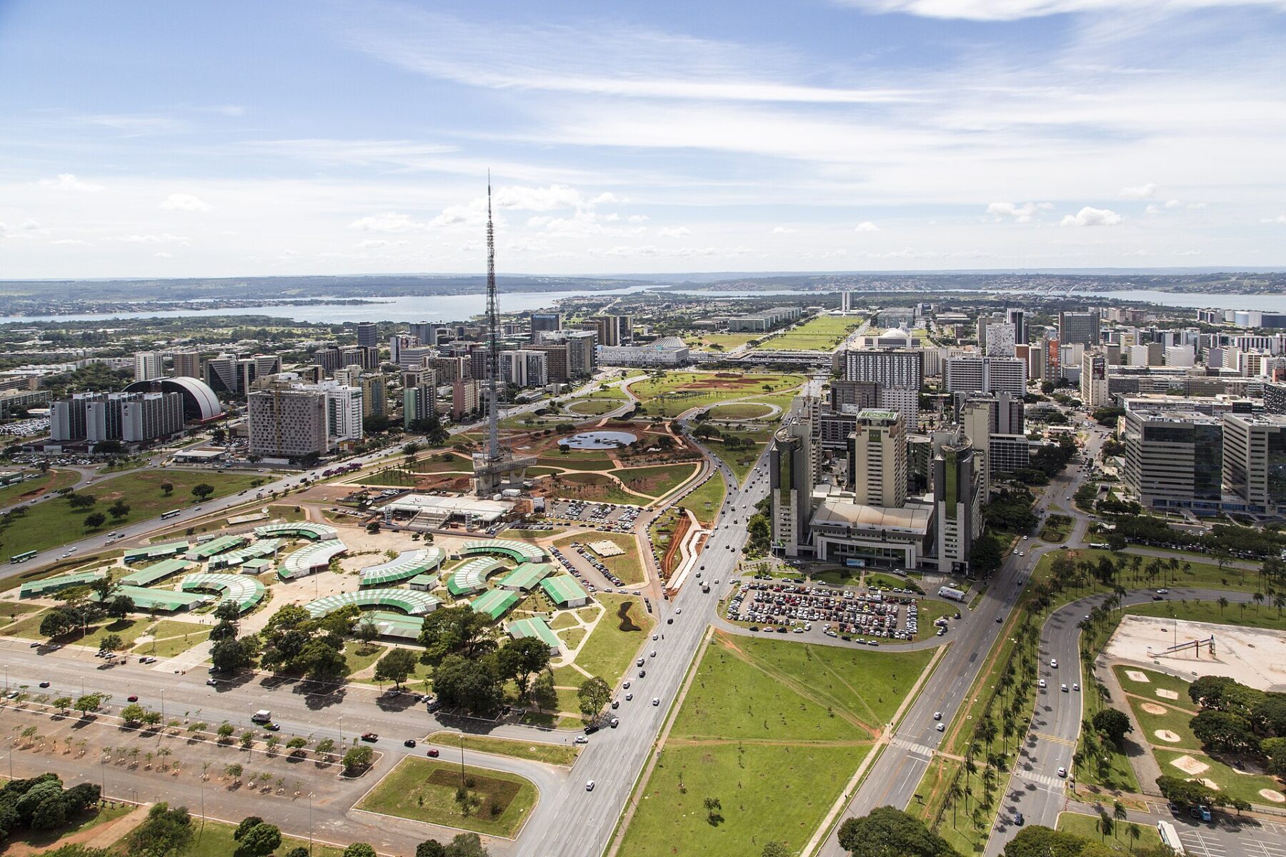 Aerial view of Brasília with the TV tower and the Eixo Monumental axis leading to the Esplanada and Congress