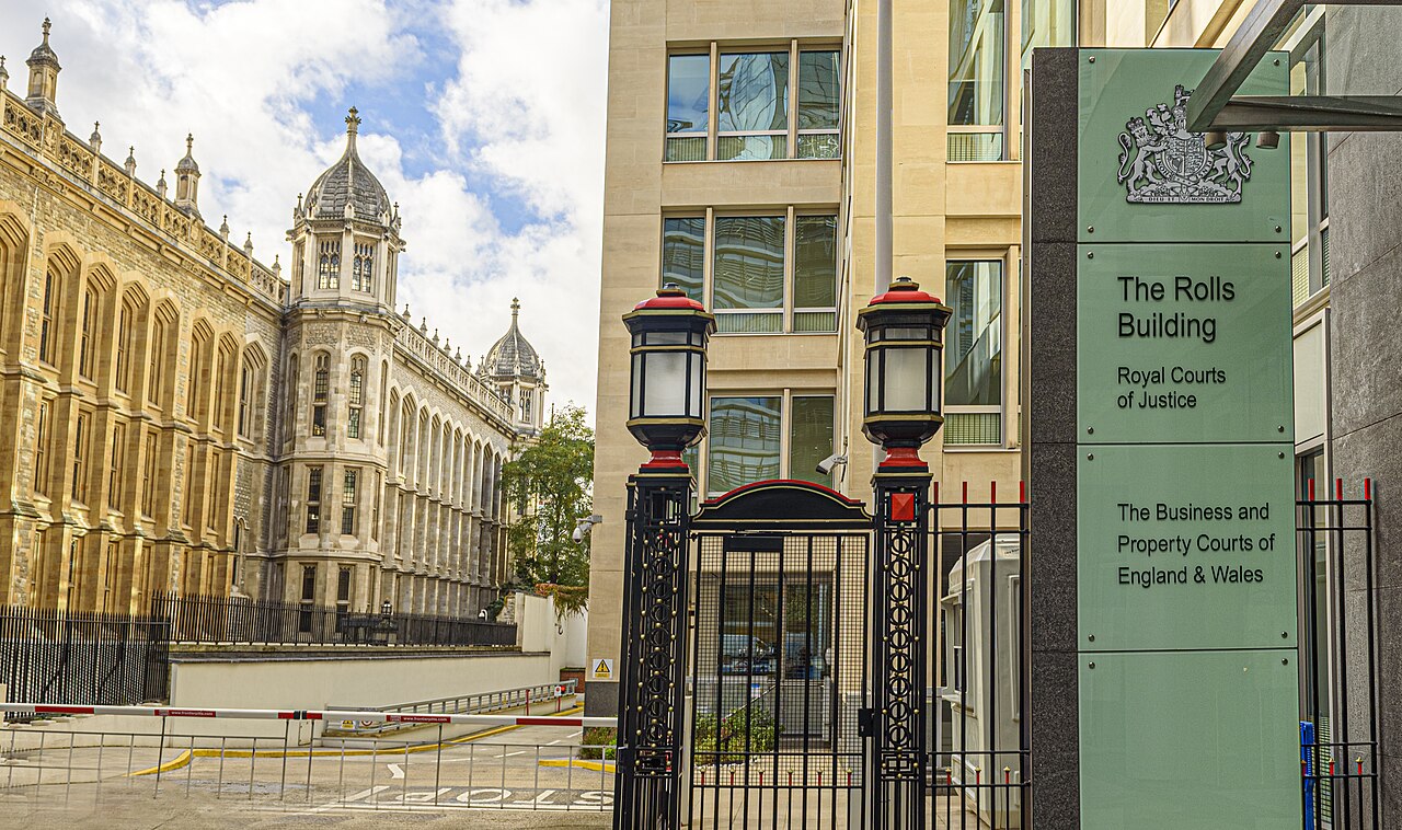 Entrance gate and sign of the Rolls Building, Royal Courts of Justice, in London