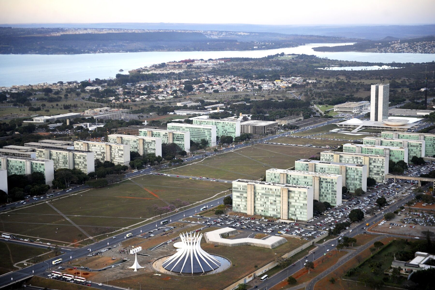 Aerial view of the Esplanada dos Ministérios in Brasília with government ministry buildings, the Metropolitan Cathedral and the National Congress towers