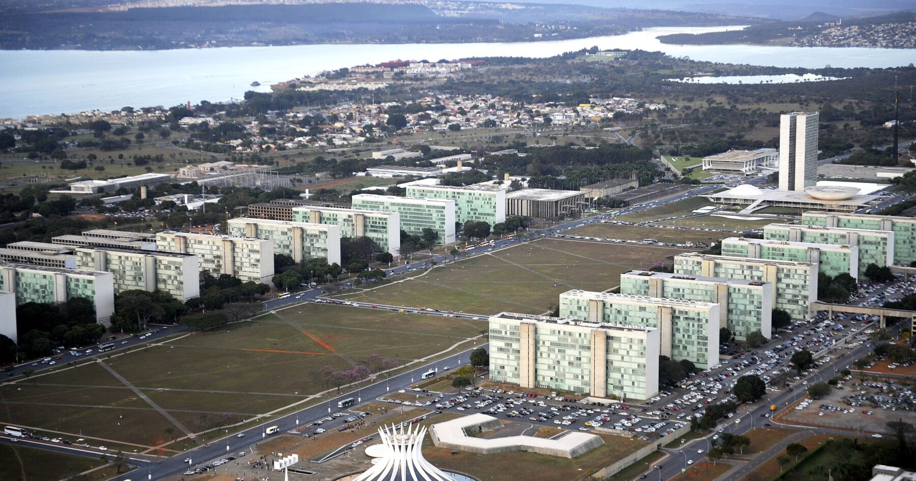 Aerial view of the Esplanada dos Ministérios in Brasília with government ministry buildings, the Metropolitan Cathedral and the National Congress towers