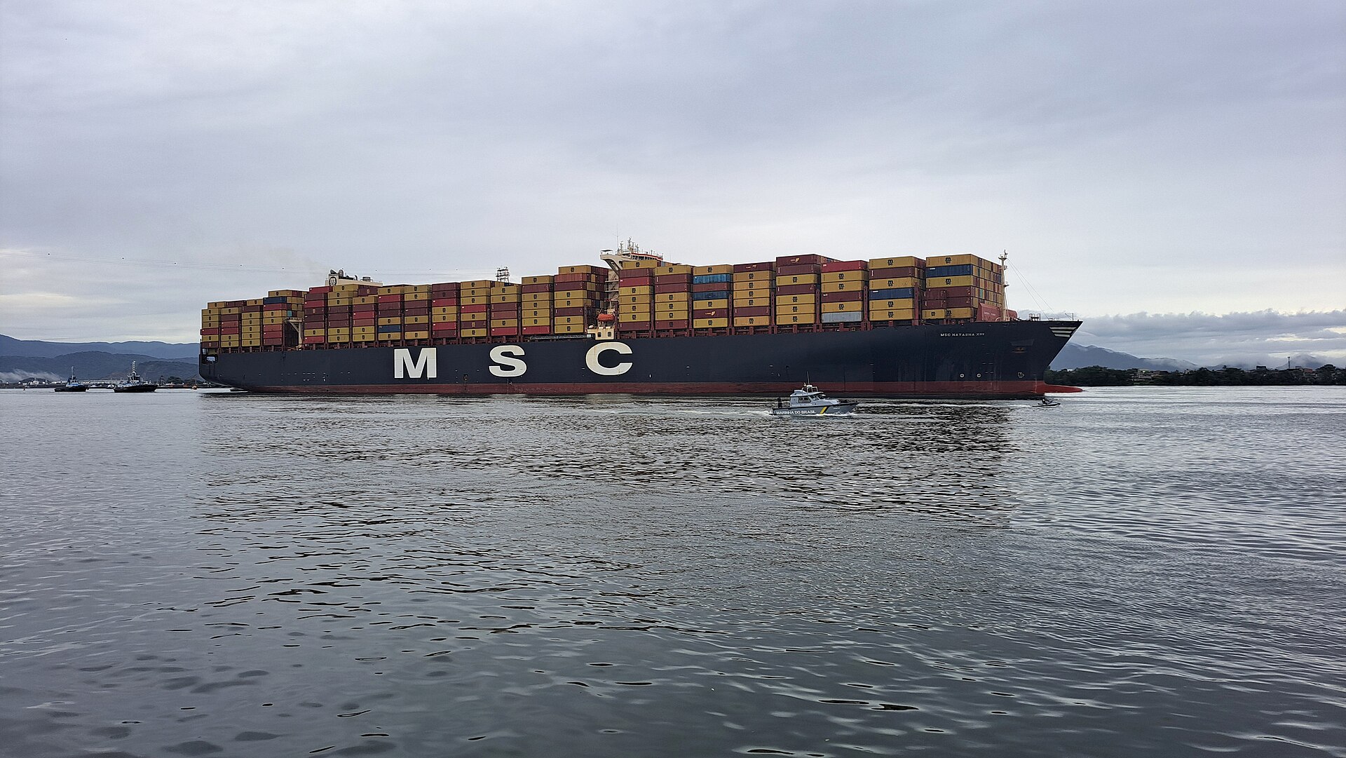 Brazil geopolitics: a large container ship in the Port of Santos