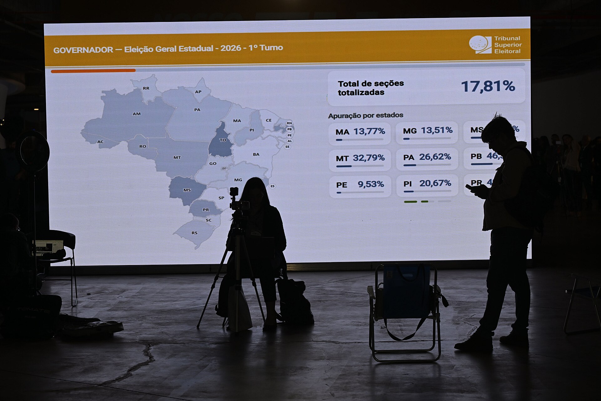 Camera operators and reporters in front of a large electoral court results screen showing a map of Brazil on count night