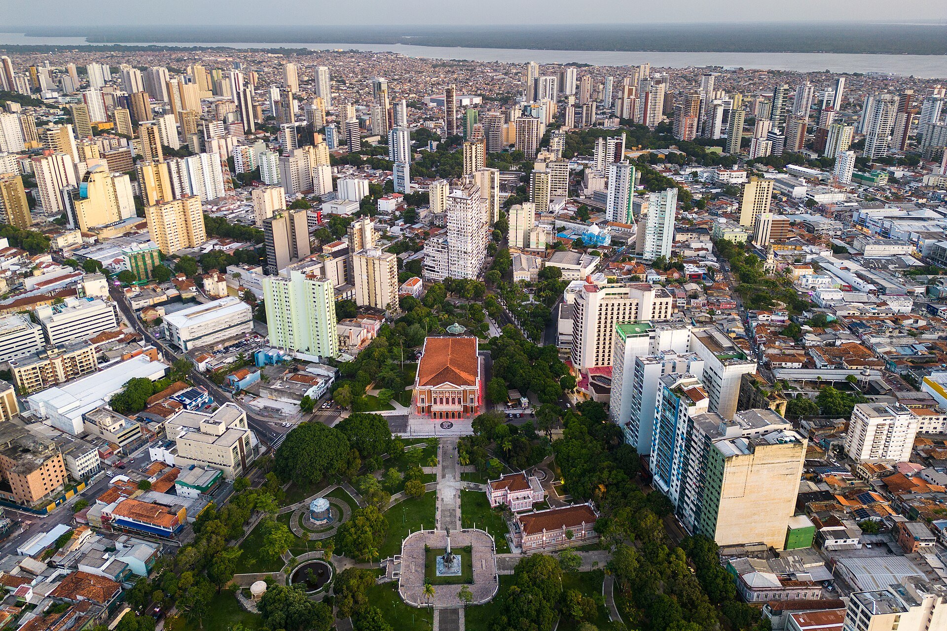 Aerial view of central Belém, capital of Pará, with the red-roofed Teatro da Paz among tower blocks and trees