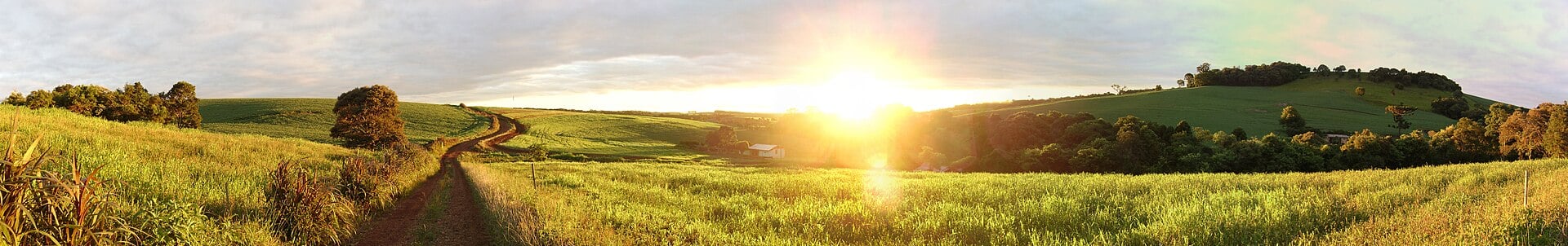 Sunrise over farmland and a dirt track in the countryside of Abelardo Luz, Santa Catarina, Brazil