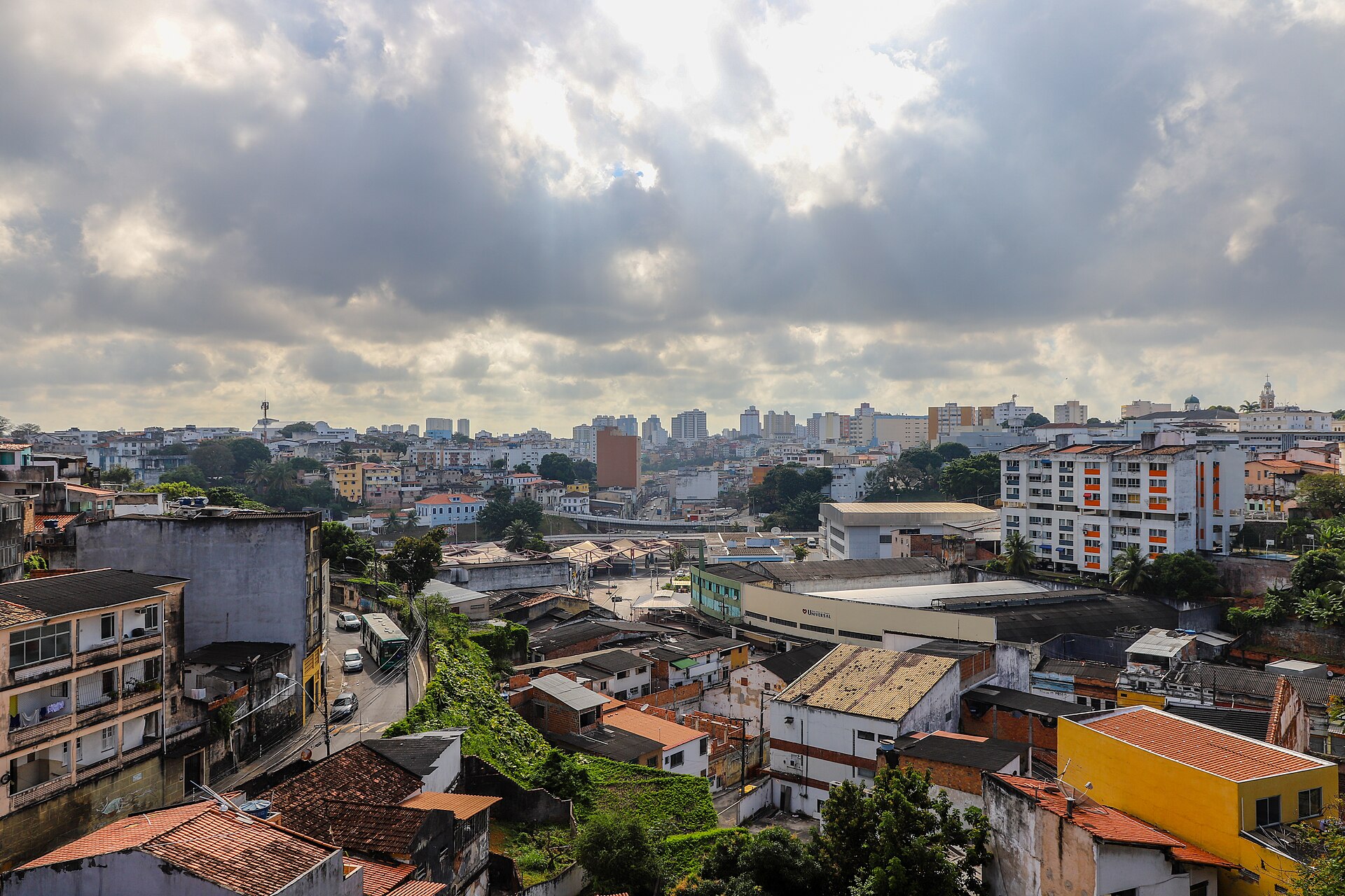 Rooftops of central Salvador around Baixa dos Sapateiros under a cloudy sky