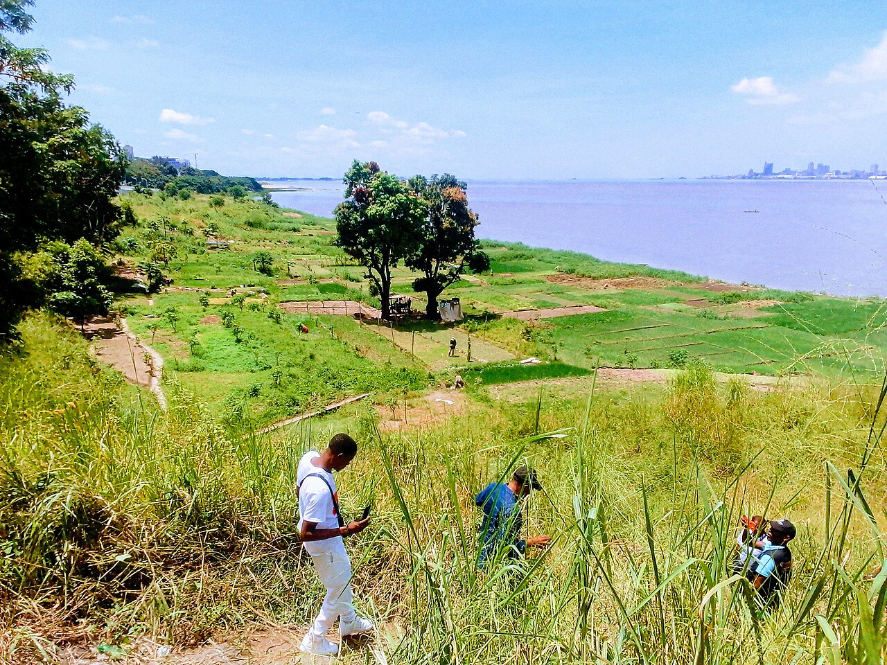Three people walk down a grassy slope above market-garden plots beside the Congo River in Brazzaville