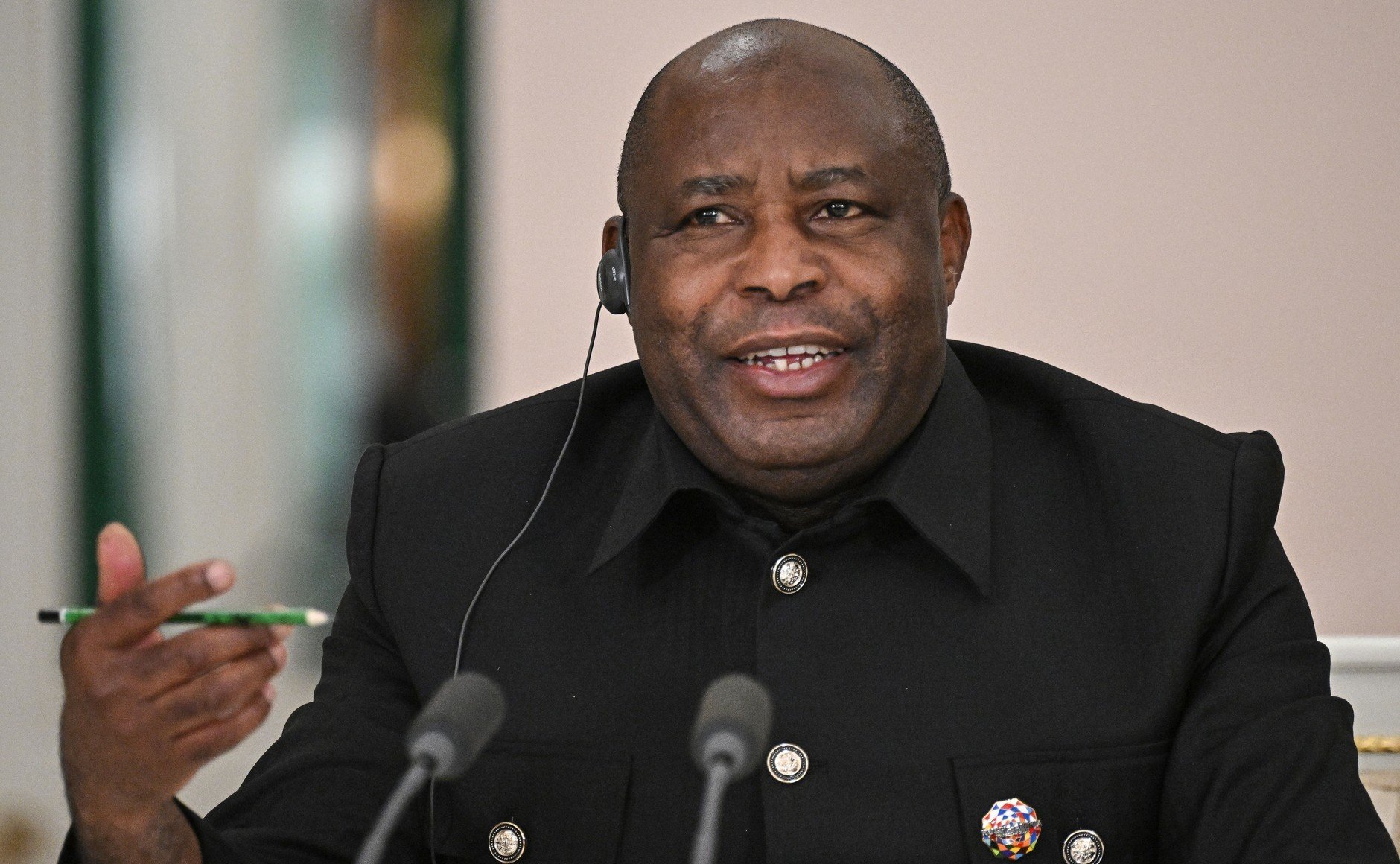 Burundi's President Evariste Ndayishimiye speaking at the joint press conference closing the Russia-Africa summit in Moscow
