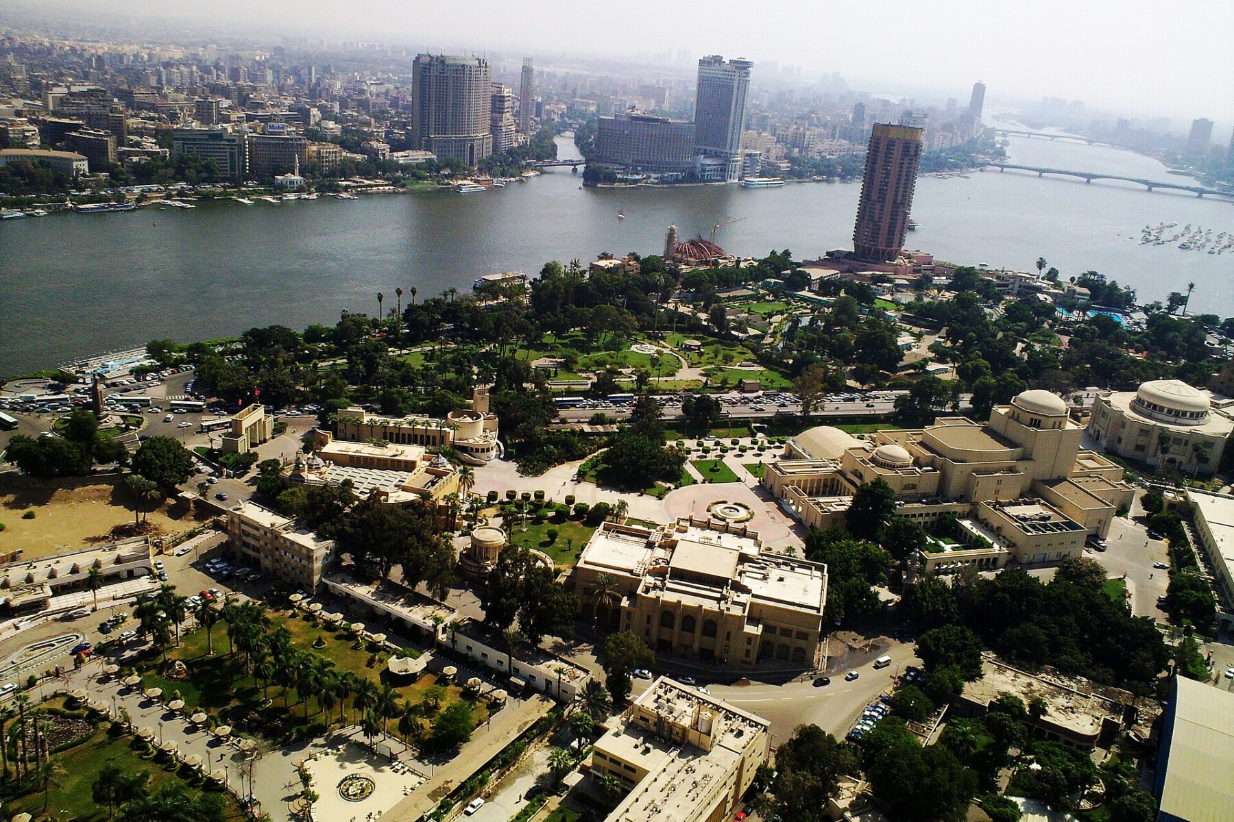 The Cairo Opera House on Gezira island beside the Nile, seen from Cairo Tower