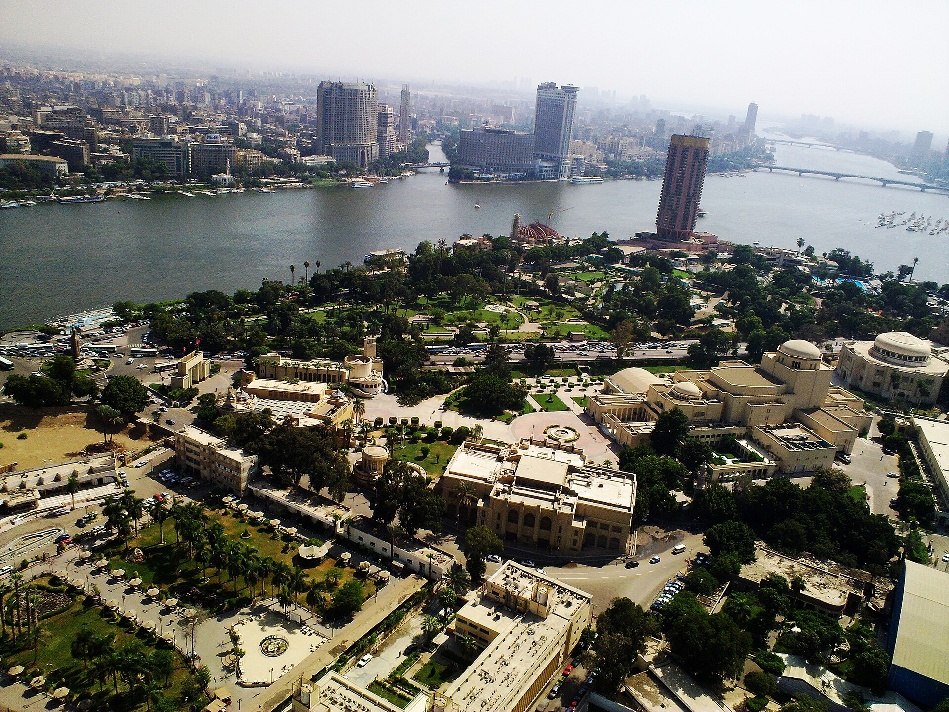 The Cairo Opera House on Gezira island beside the Nile, seen from Cairo Tower