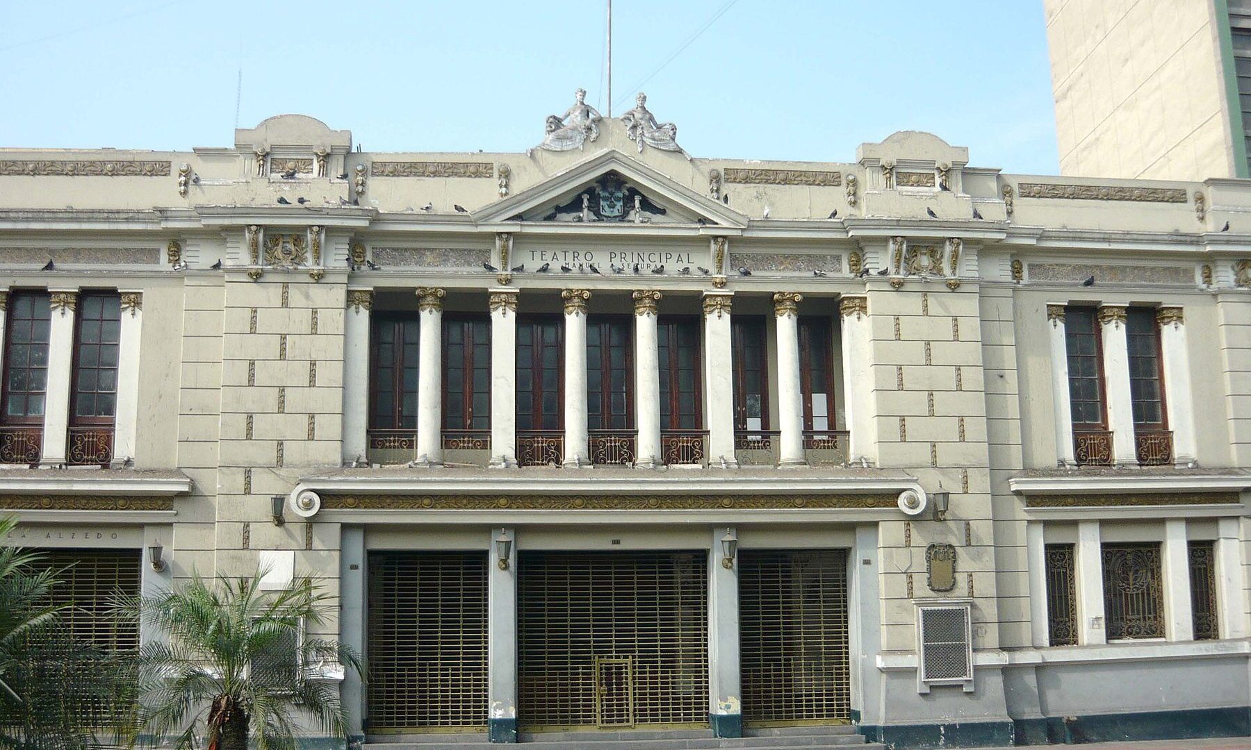 Front facade of the Teatro Manuel A. Segura, a historic theater in central Lima, Peru