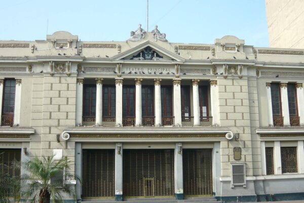 Front facade of the Teatro Manuel A. Segura, a historic theater in central Lima, Peru
