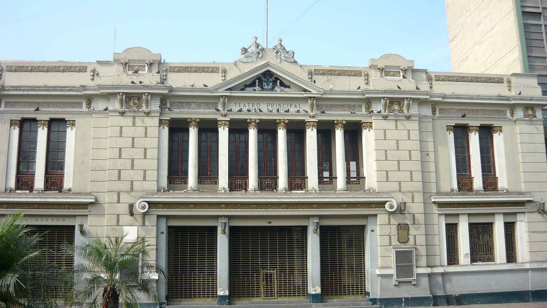 Front facade of the Teatro Manuel A. Segura, a historic theater in central Lima, Peru