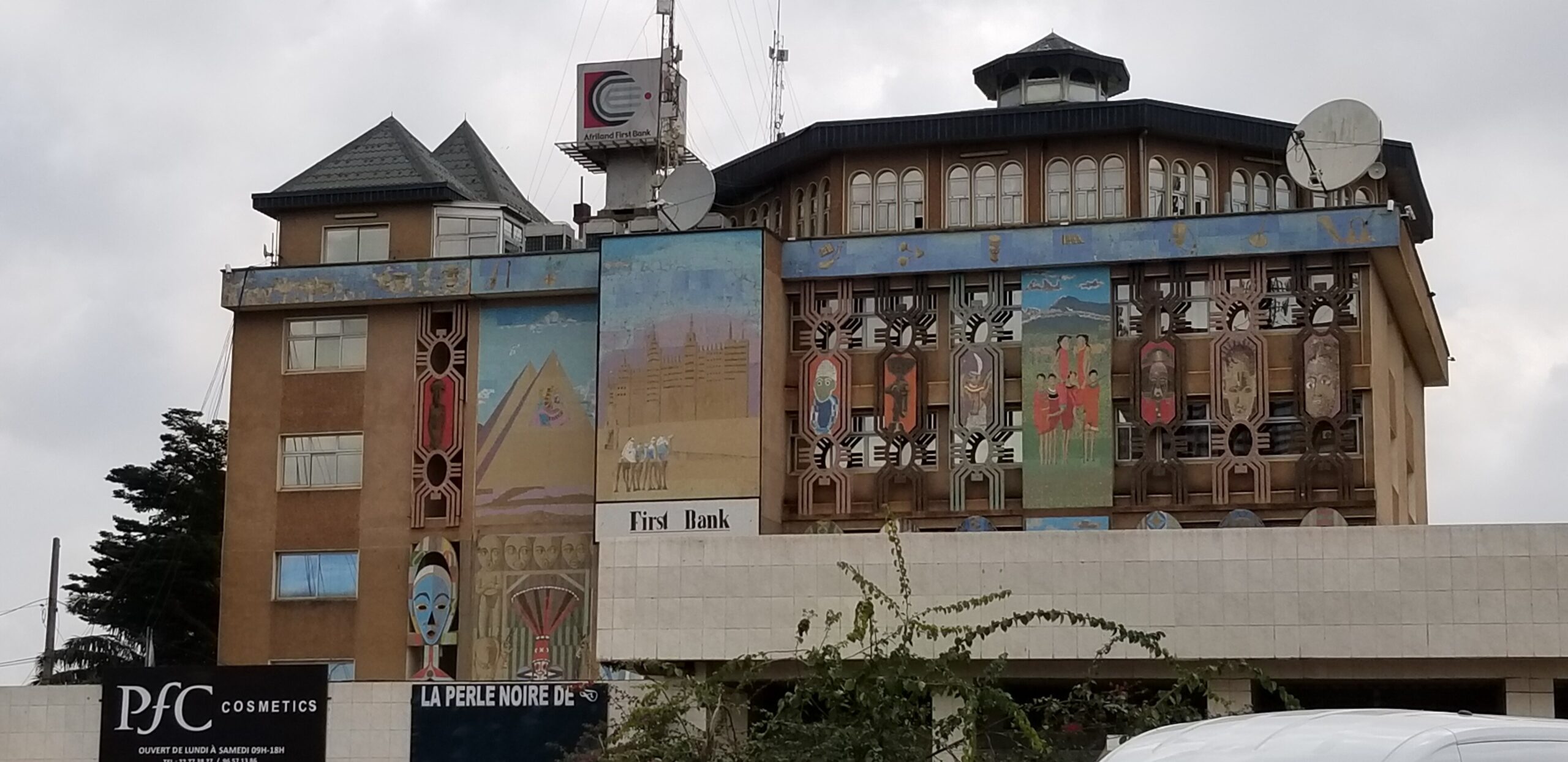 An office building decorated with murals in Yaoundé, Cameroon