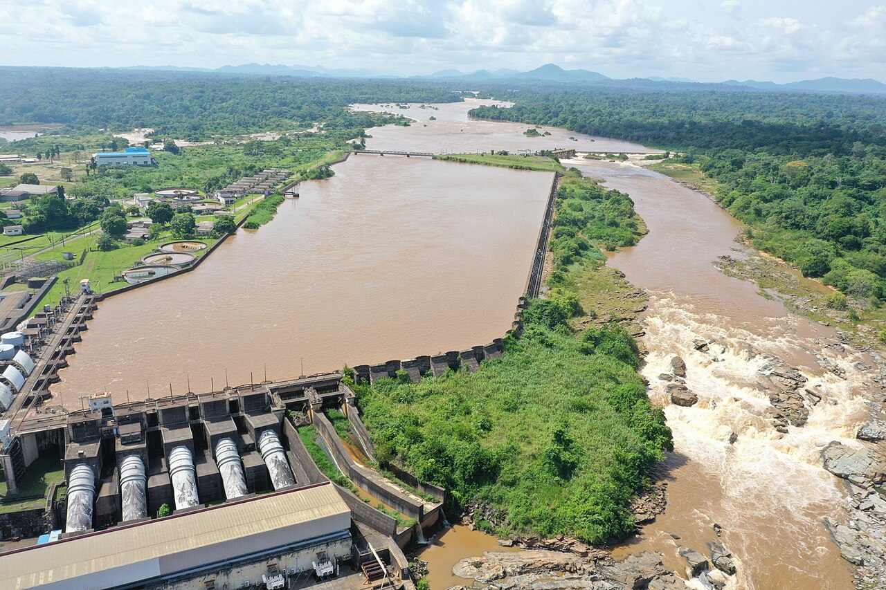Aerial view of the Edéa hydroelectric dam and the brown Sanaga River in Cameroon