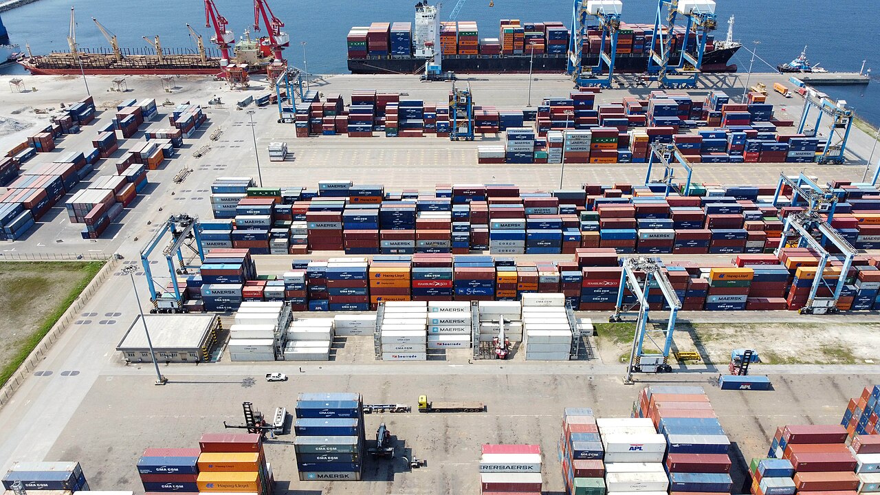 Aerial view of container stacks, gantry cranes and cargo ships at the port of Kribi in Cameroon