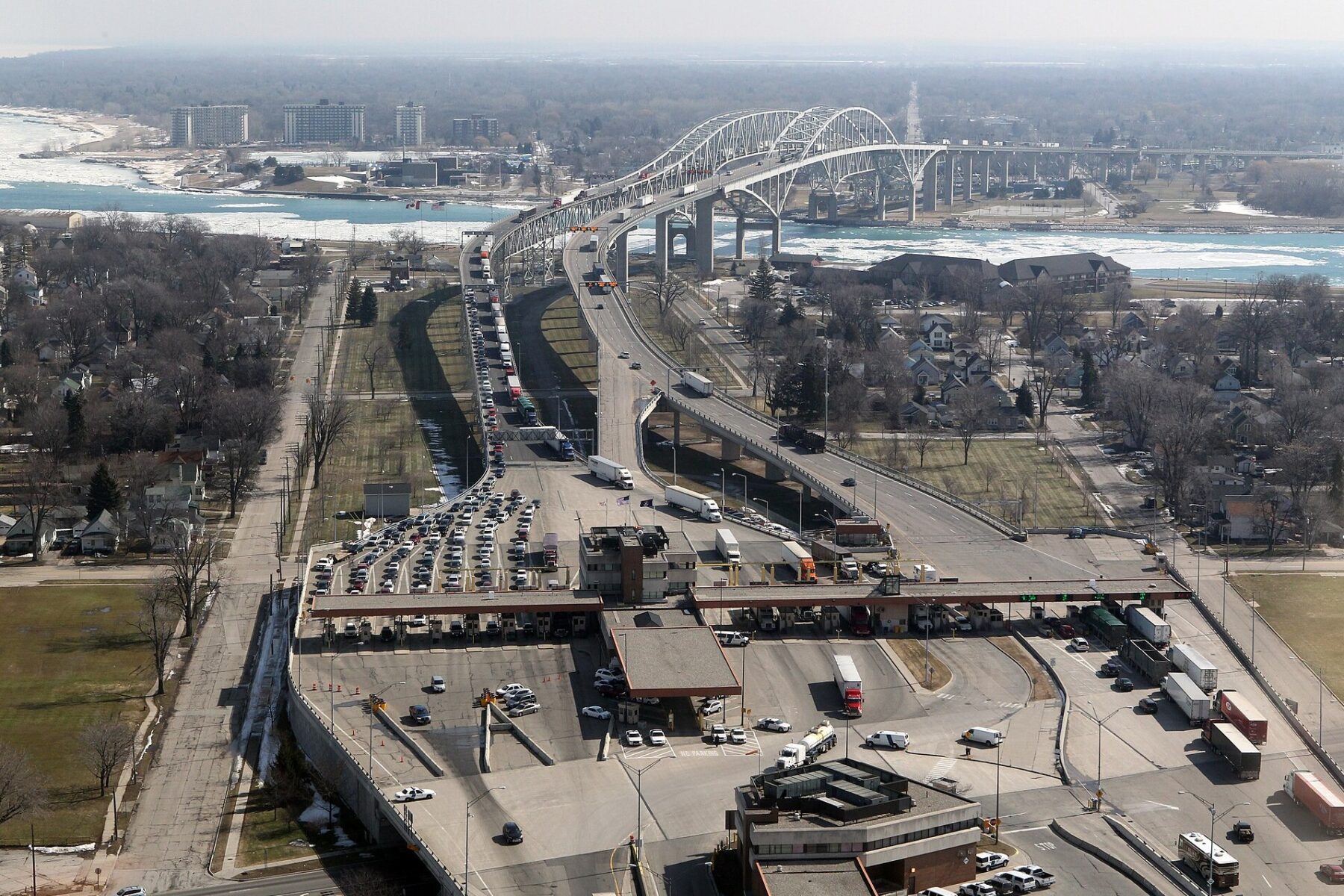 Aerial view of trucks and cars at the US port of entry at the Blue Water Bridge in Port Huron, Michigan