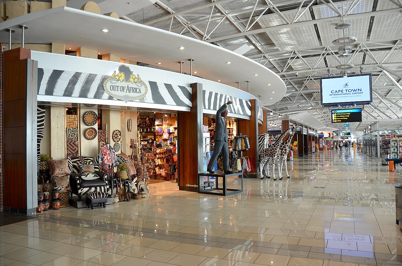 International departures concourse at Cape Town International Airport with an Out of Africa shop.