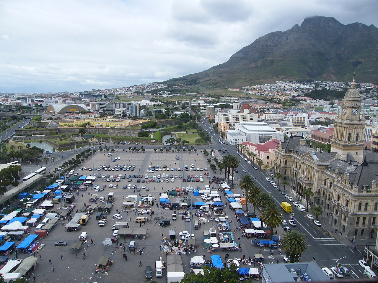 Aerial view of the Grand Parade square in Cape Town with the Castle of Good Hope, City Hall and Table Mountain beyond.