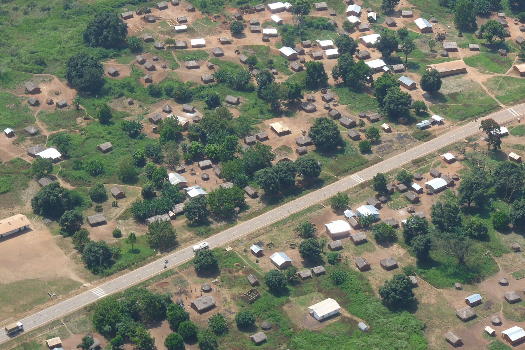 Aerial view of a village beside the RN3 highway between Bouar and the Cameroon border in the Central African Republic