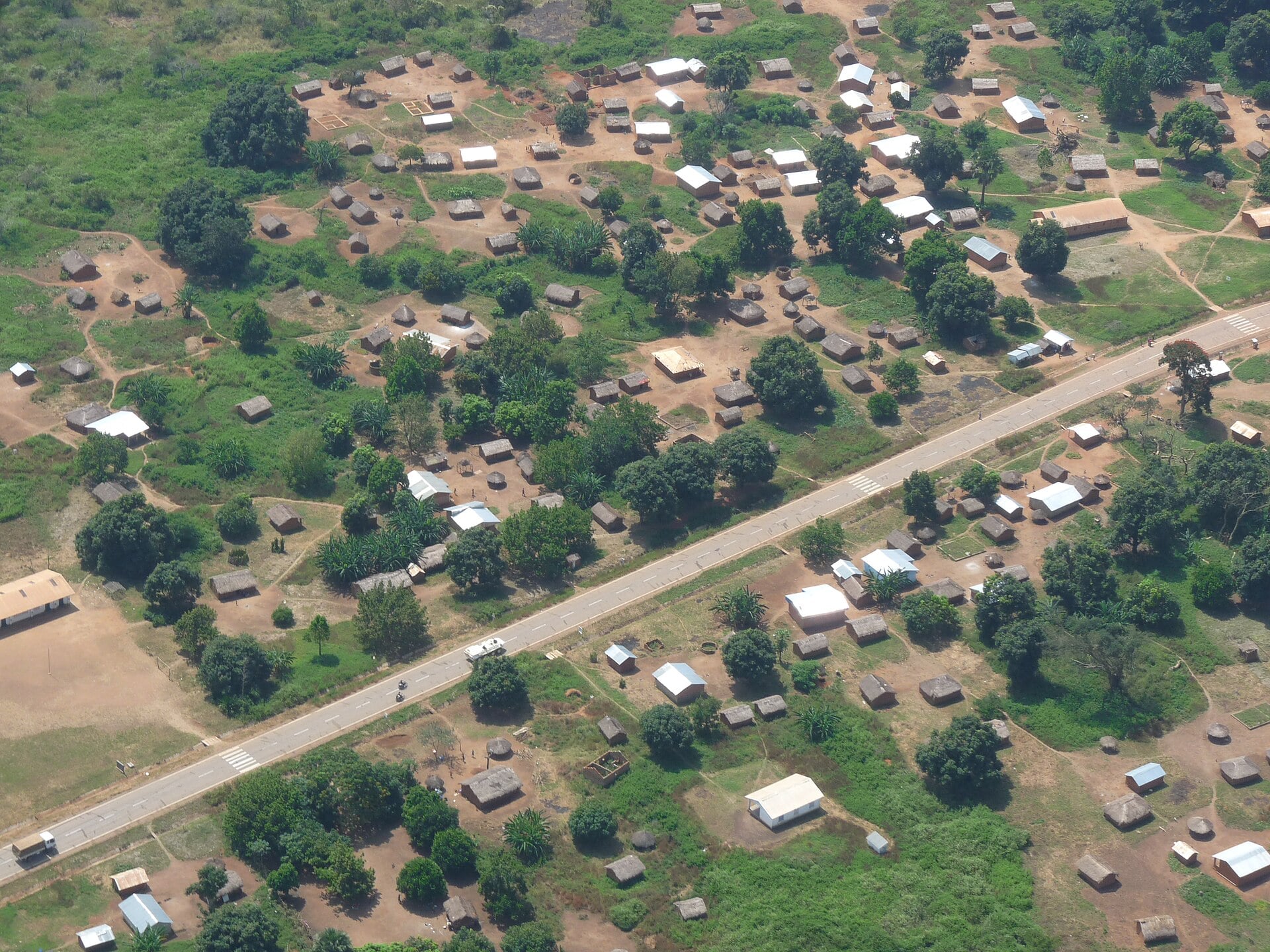 Aerial view of a village beside the RN3 highway between Bouar and the Cameroon border in the Central African Republic