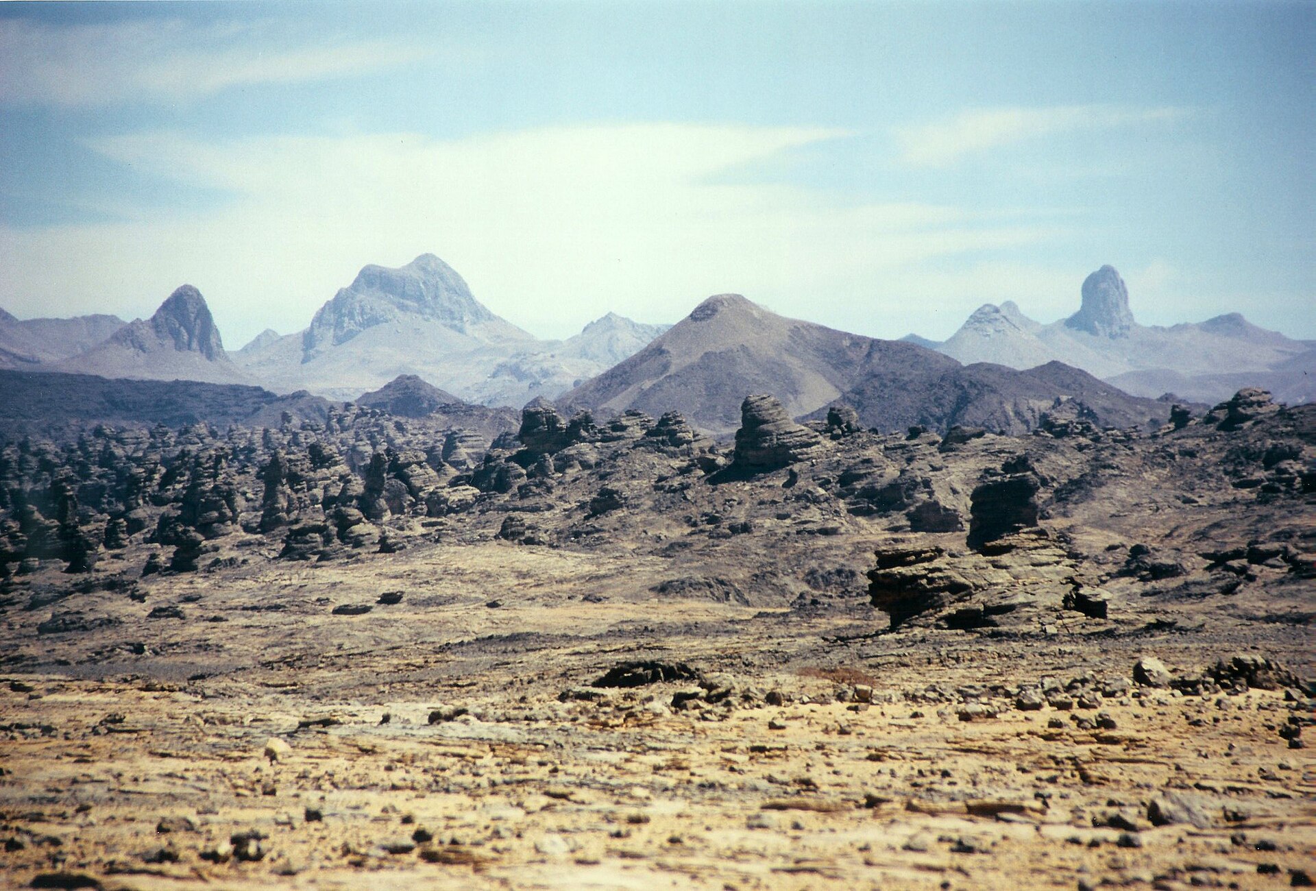 Desert peaks and weathered rock towers in the Tibesti mountains of northern Chad