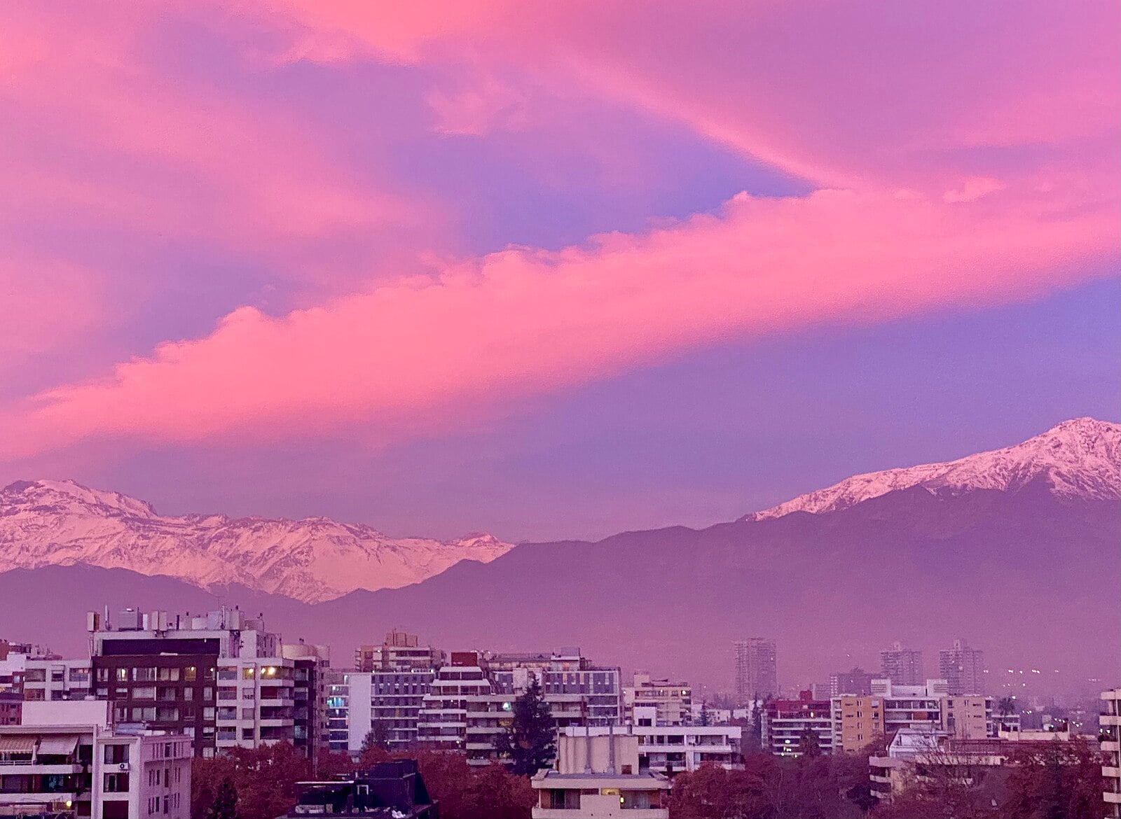 Snow-capped Andes above eastern Santiago, Chile, at sunset