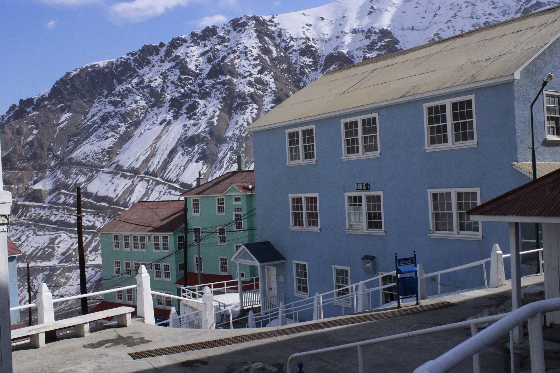 Snow-covered Andes slopes above the Sewell mining camp of El Teniente in Chile