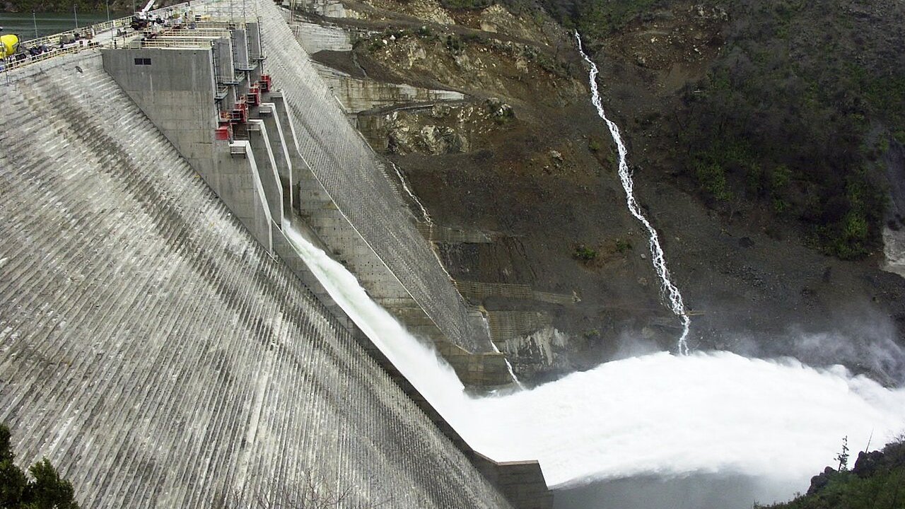 Spillway of the Ralco dam in Chile's Biobio region releasing water down a concrete face