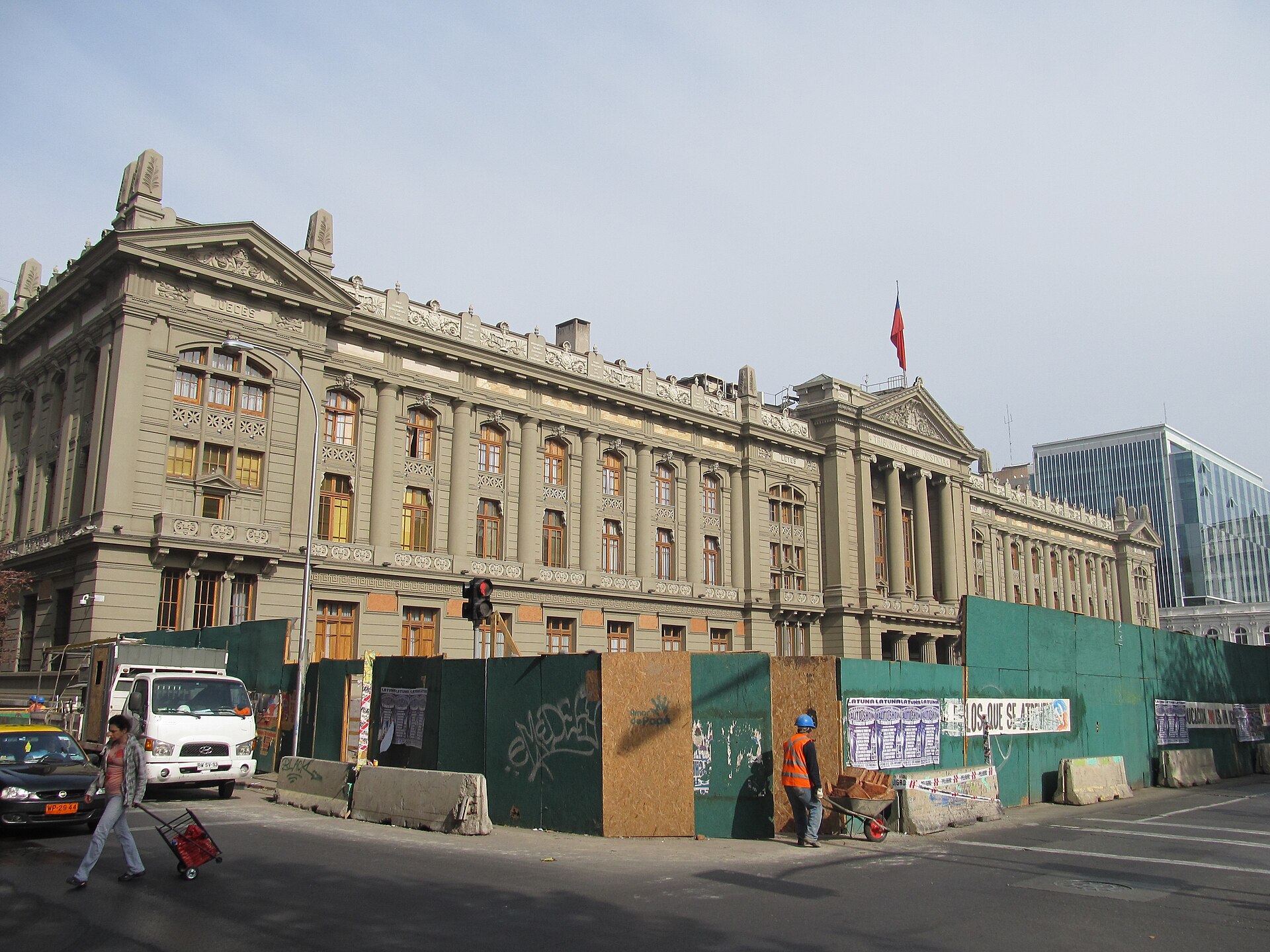 The Palacio de los Tribunales de Justicia in Santiago, Chile, a neoclassical courthouse, seen from a street corner