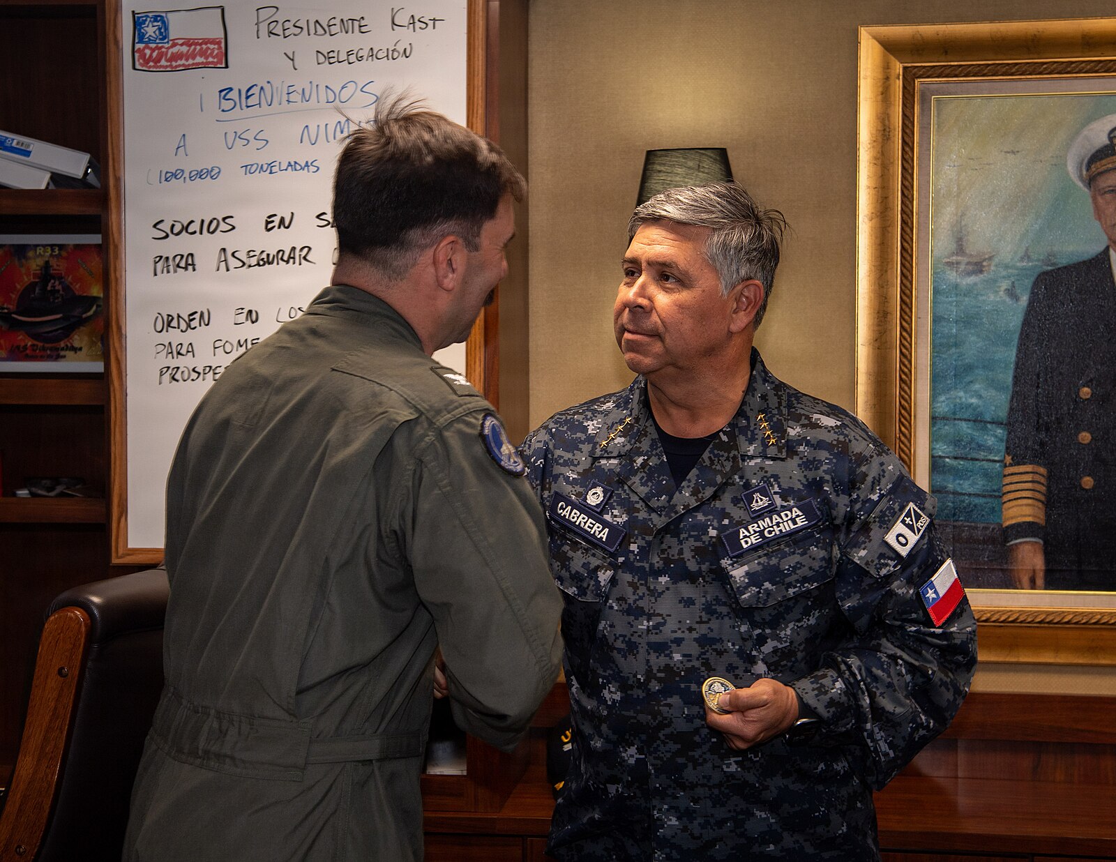 Chile foreign military ties: Chilean Navy chief Adm. Fernando Cabrera Salazar aboard USS Nimitz in April 2026